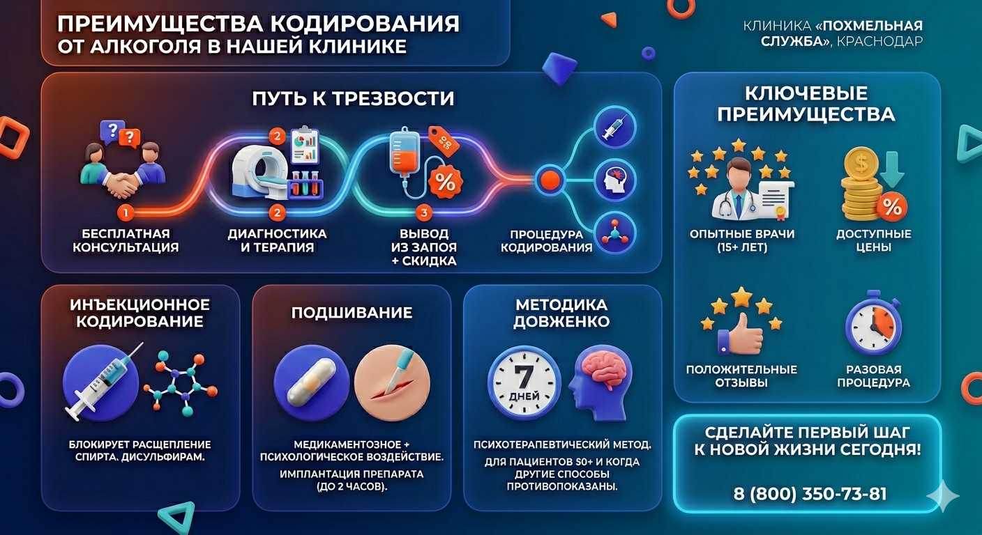 Инфографика о методах кодирования от алкоголя в Мошково: инъекции, подшивание, метод Довженко. Преимущества клиники и этапы лечения.