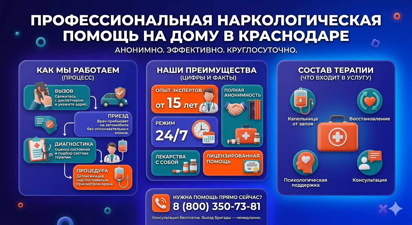 Инфографика о принципах лечения алкоголизма на дому в Мошково: этапы вызова нарколога, преимущества анонимной детоксикации и состав медицинской помощи.